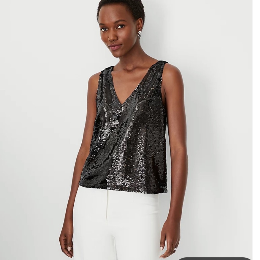 Ann Taylor Petite Sequin Sleeveless V-Neck Top Black XS NWT